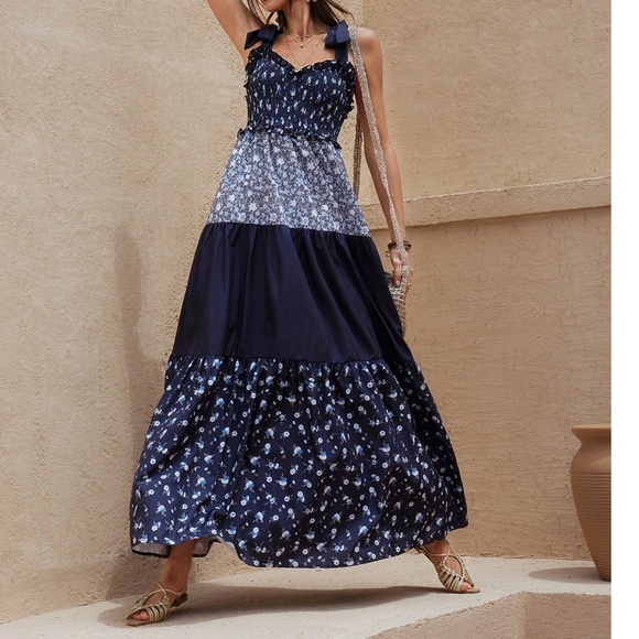 Boho Floral print Color Block Adjustable Straps maxi Dress - Picture 5 of 6